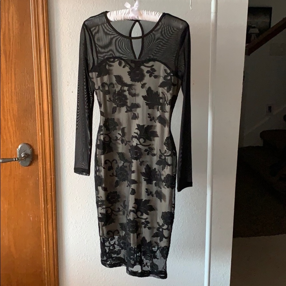 Mesh Lace Black Floral Long Sleeve Midi Dress